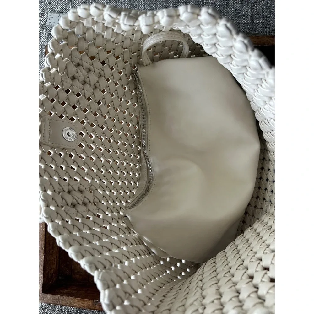 Sincerely Jules Woven Lattice Tote Bag Cream Off White Shoulder Bag with pouch